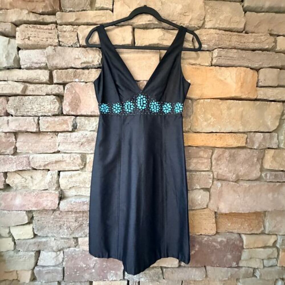 NEW VTG Shelli‎ Segal 2 100% Silk Bead Embellished Black V-Neck Babydoll Dress